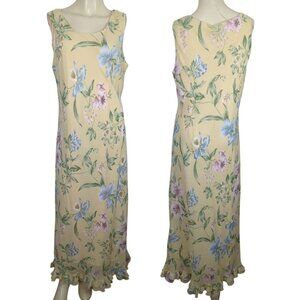 Vintage Betsy's Things Sleeveless Maxi summer yellow‎ blue Dress Ruffled Hem 16